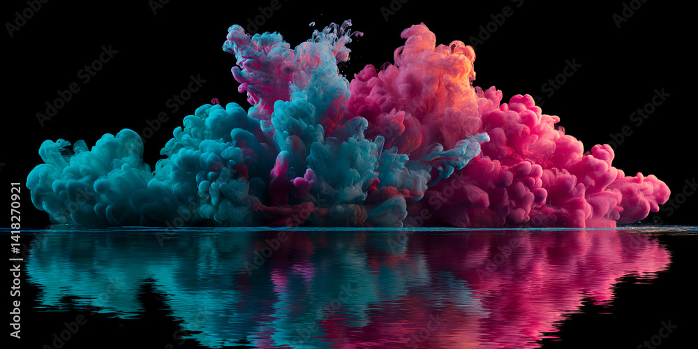 Aufkleber Abstract image of teal and pink ink clouds reflected in water, creating a vibrant and dynamic composition, showcasing fluidity and color contrast
