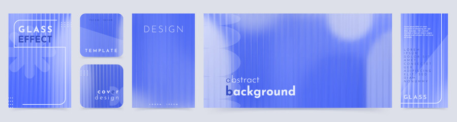 Abstract reeded glass effect background set. Elegant gradient cover collection in blue hues. Minimalist template design for social media, poster, banner, flyer, promo