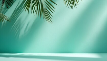 Fototapeta premium Abstract tropic mint colored background with soft palm tree shadows like a mockup or product presentation template