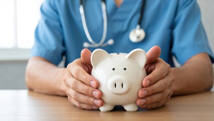 Nurse or doctor with stethoscope holding piggy bank in hand. Concept of medical expenses, finance, saving money, health insurance, medicine, donation and pension. Healthcare service cost.