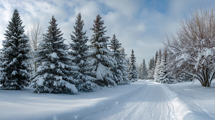 Fototapeta premium Snow-covered pine trees line a groomed path, winter landscape scene showcasing serenity and peacefulness ideal for winter, nature, or travel themes