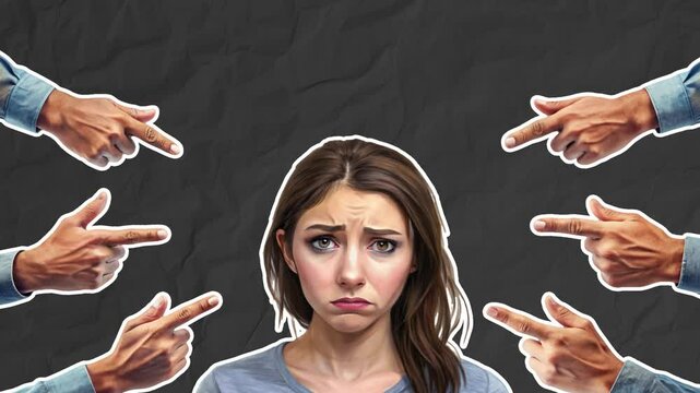 A sad girl looks at the camera, and around her, male hands with index fingers condemn her. The concept of shame. Stop motion animation on black paper background