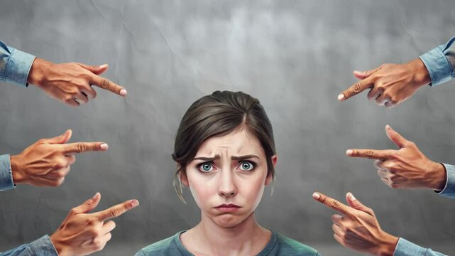 A sad girl looks at the camera, and around her, male hands with index fingers condemn her. The concept of blame. Smooth animation on color paper background