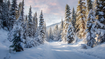 Fototapeta premium Snow-covered pine trees line a path through a winter forest, showcasing a serene and peaceful winter landscape, ideal for winter or nature themes