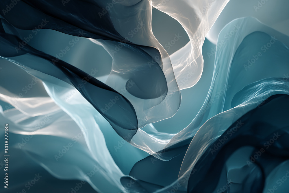 Poster Abstract image of flowing, translucent fabric in teal and white hues, creating a dynamic and elegant visual.  Showcase of texture and movement, symbolizing fluidity and grace