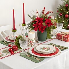 A festive holiday table setting with red and green