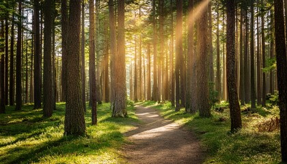 Obraz premium A path through a pine forest of trees illuminated by the sun's rays