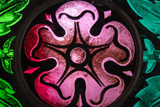 Colorful Church Stained Glass with Floral and Star Motif. 18.04.2025. valmiera. Latvia. - Powered by Adobe