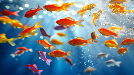 School Of Goldfish In Aquarium Tank