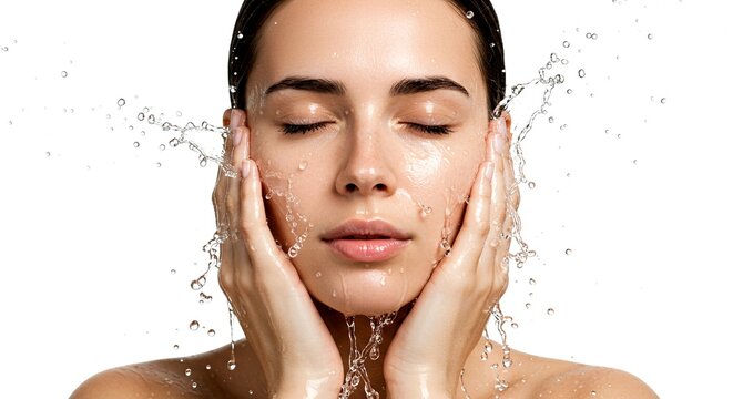 Clean beauty concept with a close-up of a woman splashing water on her face