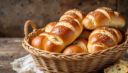 Challah bread loaves in a rustic basket with natural daylight for bakery websites, culinary blogs, food photography, recipe sharing, and social media content