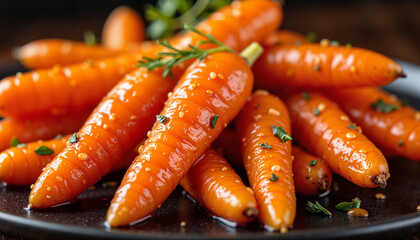 Caramelized baby carrots with honey glaze on dark plate for food blogs, recipe websites, nutrition articles, and culinary presentations