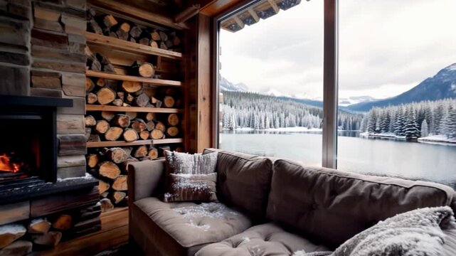 A cozy cabin interior with a crackling fireplace, stacked firewood, and a soft sofa offers a breathtaking view of a snowy forest and serene mountain lake through a large window.