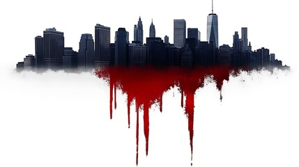 New York City skyline, stained crimson, evokes urban decay.