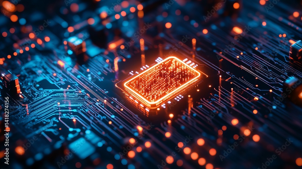 Poster abstract digital circuit board technology background orange blue glowing processor high tech innovat