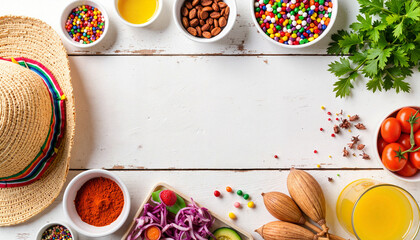 Vibrant Cinco de Mayo festive composition with traditional Mexican ingredients and decorations on a rustic wooden table for culinary blogs, event invitations, and food-related content