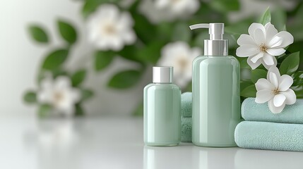 Muted green beauty products displayed with flowers and towels.