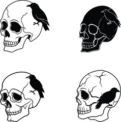 Fototapeta premium Skull and Raven Vector Set – Gothic Halloween Silhouettes with Cracks