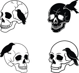 Skull and Raven Vector Set – Gothic Halloween Silhouettes with Cracks