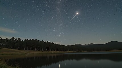 Starry night sky above a tranquil mountain lake.