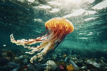 Lion's mane jellyfish swimming in sunlit ocean water over plastic garbage polluting seabed, highlighting environmental damage and plastic pollution