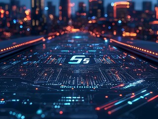 Futuristic 5G network infrastructure in a modern city.