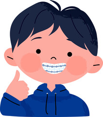 little boy smiling and showing braces with confidence, illustration of a cute boy with braces.