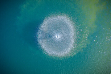 Large blue body of water with a large white circle in the middle