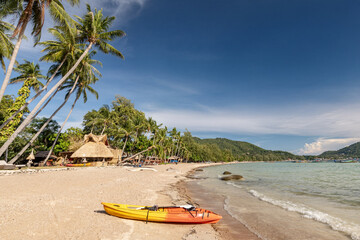 Canoe and palm trees on luxury exotic beach in tropical island, Koh tao, Thailand.