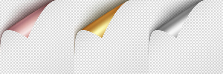 Curled page corners isolated on transparent background. Blank curve paper edge, bent sheet, note angle with realistic shadow. Vector rolled up stickers, peel banners