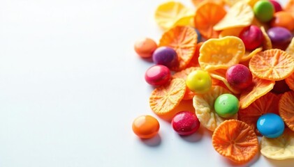 Pile of colorful candy, chips, and soda on white , sweets, temptation