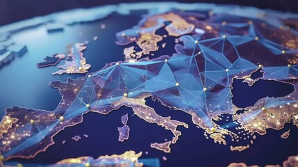 European Union flag overlaying a map of Europe with a background of binary technology