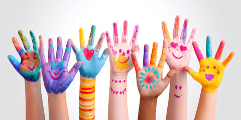 Colorful painted hands raised, showcasing happy faces and hearts. Symbolizes joy, creativity, and childhood innocence. Perfect for education or children's themes