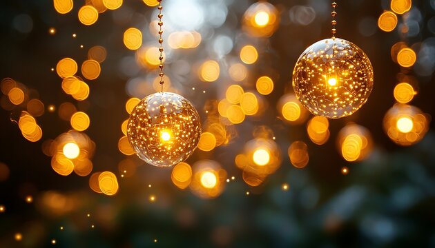 Golden orbs and twinkling lights create a festive atmosphere.