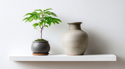 Ceramic Jars Bonsai Arrangement Shelf Decor - Tranquil home decor featuring two ceramic jars and a small bonsai tree, symbolizing peace, nature, serenity, growth, and balance