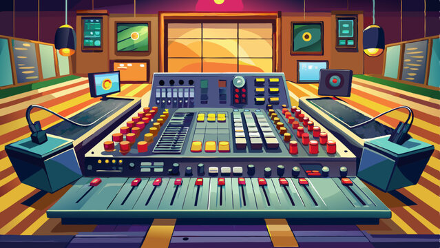 Mixing console with faders and knobs in a professional recording studio