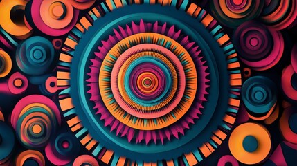 Fototapeta premium Abstract Colorful Mandala Design Vivid Geometric Circles Pattern Bright Teal Orange Pink Background Modern Digital Art Illustration Graphic Design Element for Print Web Wallpaper style image decor 