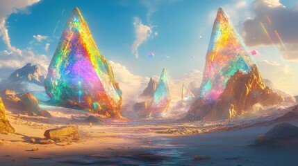 Rainbow crystals dominate a surreal, dreamy desert landscape with a vibrant sky.