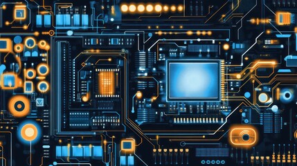 Fototapeta premium A glowing, intricate circuit board illustration in blue and orange hues.