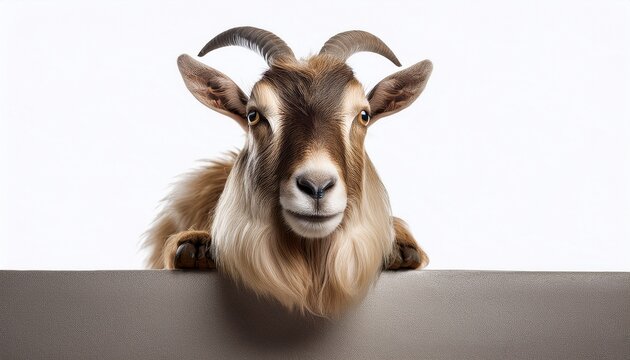 Great Orme Kashmiri Goat peering over wall (Front Portrait)