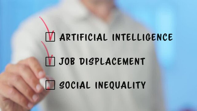 Businessman ticking checkboxes related to the impact of artificial intelligence, including job displacement and social inequality, on a transparent screen