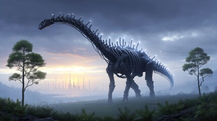 Illuminated Prehistoric Colossus - A massive, glowing dinosaur skeleton strides across a misty landscape, with a futuristic city on the horizon