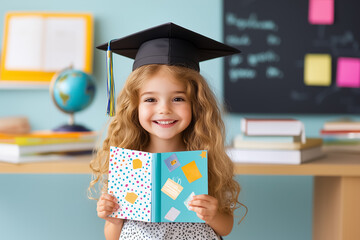 Young girl wearing graduation cap joyfully holds colorful certificate in classroom filled with books and educational materials