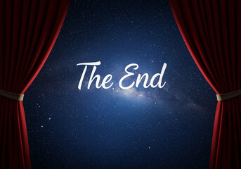 Red curtains frame the end text against a starry night backdrop creating a theatrical finale scene with a sense of closure and dramatic presentation