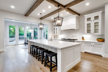 Fototapeta premium Modern Farmhouse Kitchen Island Design - Bright, spacious kitchen with white cabinetry, a large island, and exposed wooden beams. Natural light streams in from large windows