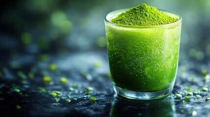 Refreshing Green Powder Beverage in a Glass with Bubbles and Sprinkled Particles