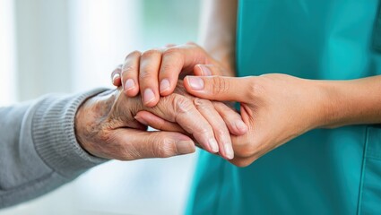 A female nurse caregiver holds hands to encourage and comfort an elderly woman. For care and trust in nursing homes for people of retirement age Caregiver helping elderly woman provides medical advice