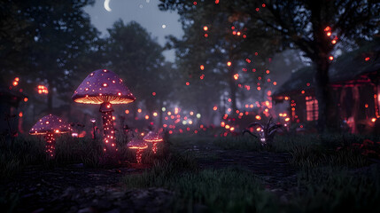 Glowing Mushrooms Illuminated Path In Dark Fantasy Forest At Night