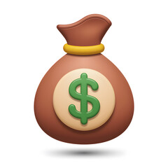 Brown Money Bag Icon:  A 3D rendering of a classic money bag, symbolic of wealth, finance, and prosperity, perfect for financial applications and websites.