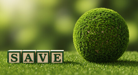 Green Mossy Sphere with SAVE Wooden Blocks &ndash; Eco-Friendly Conservation Concept

